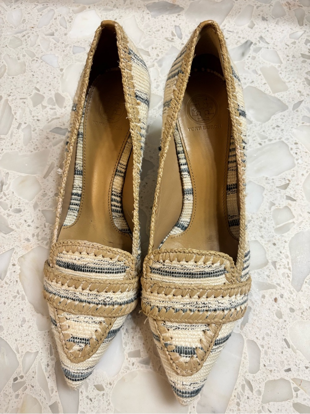 Tory Burch Beige Striped Raffia Pointed-Toe Flats - Picture 3 of 12